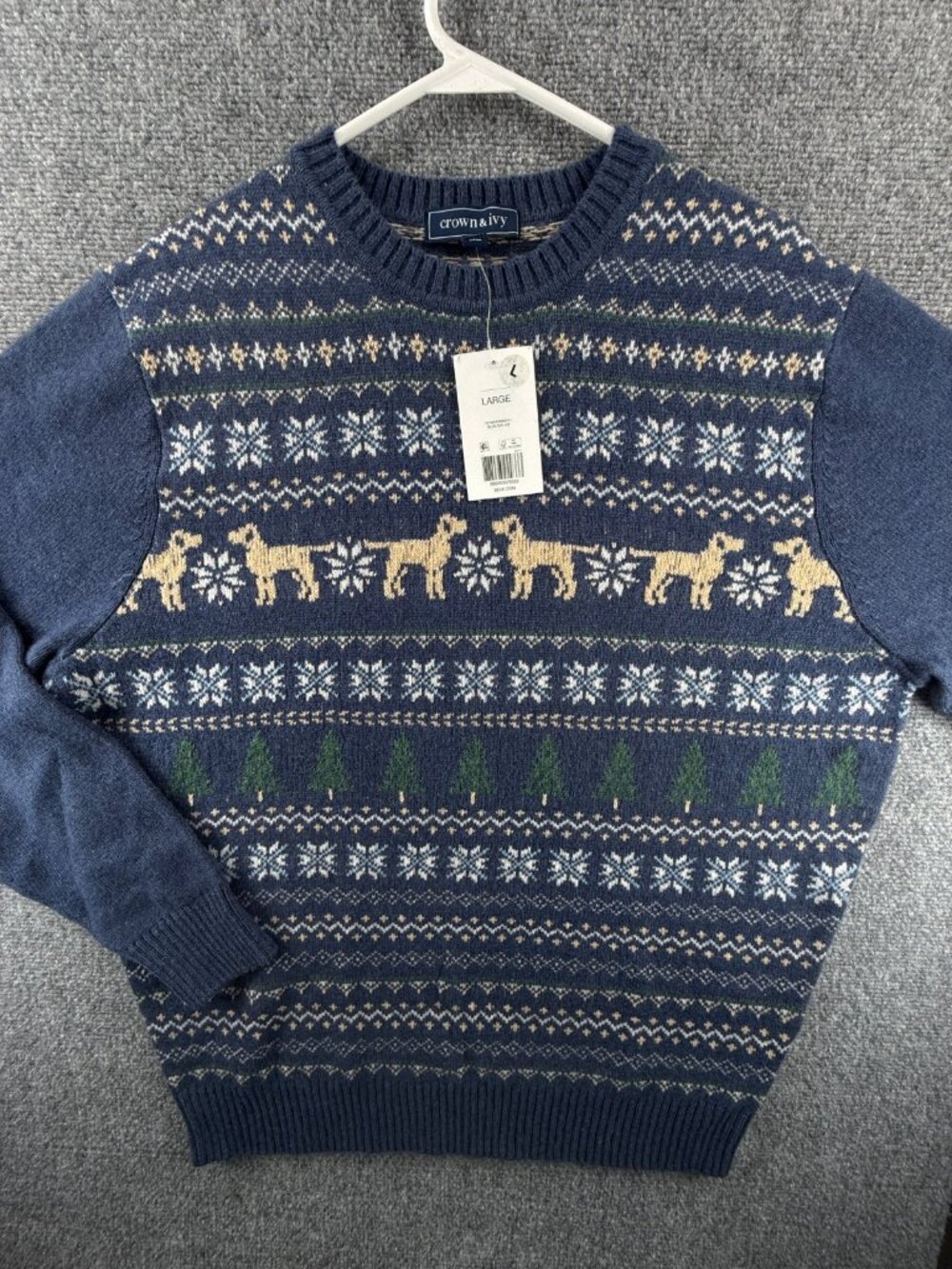 NWT Crown & Ivy Hound Fair Isle Dog Snowflake Crew Neck Wool Blend Sweater Large